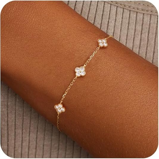 Birthstone Gold Clover Bracelet Dainty 14K Gold